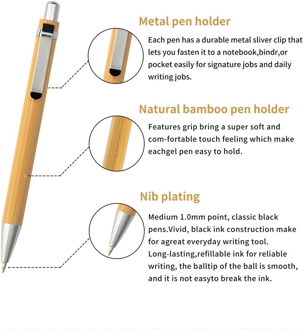 Bamboo Retractable Ballpoint Pen(12 pack),Black ink 1mm Sustainable Pens for Journaling Writing Office Supplies Eco Friendly Products Pick and Promo