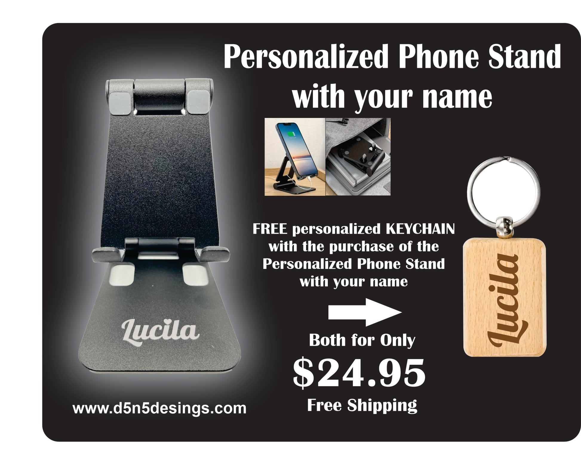 Phone Stand and Key Chain "Hot Deal" Folding Dual Axis Aluminum Alloy Stand Personalized color Black